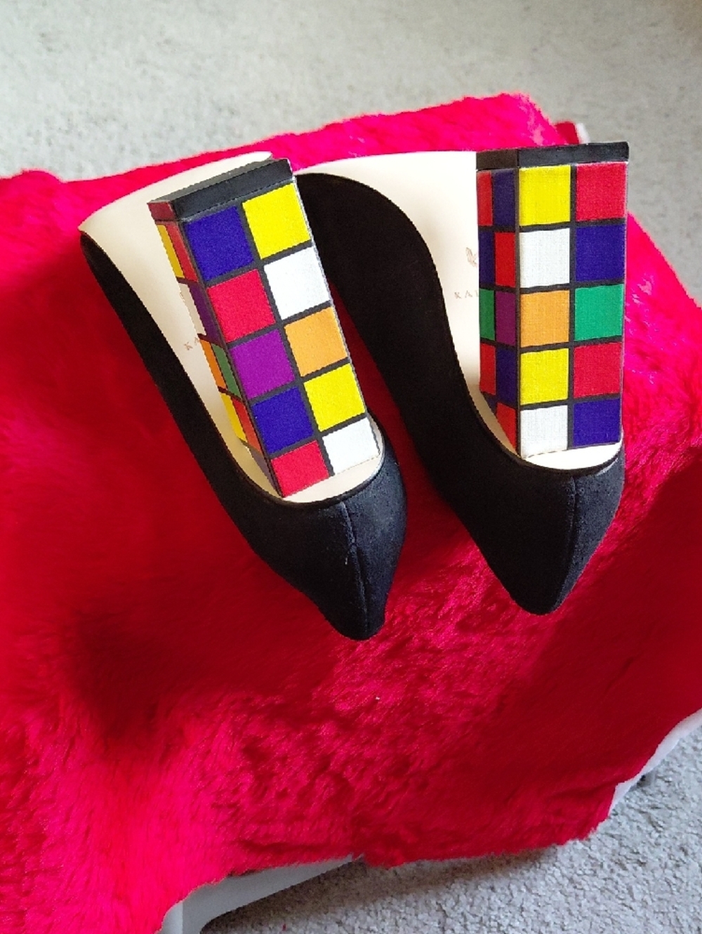 Katy Perry Collections Black Suede Open-Toe Pumps with Multicolor Block Heel
